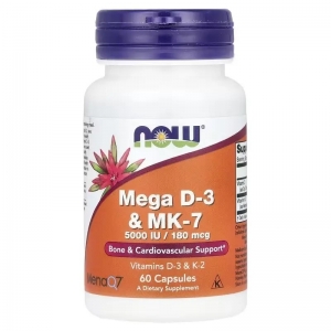 Вітамін D-3 та MK-7 для здоров'я кісток, Now Foods Mega D3&MK-7 5000 IU/180 мкг (60 капсул)