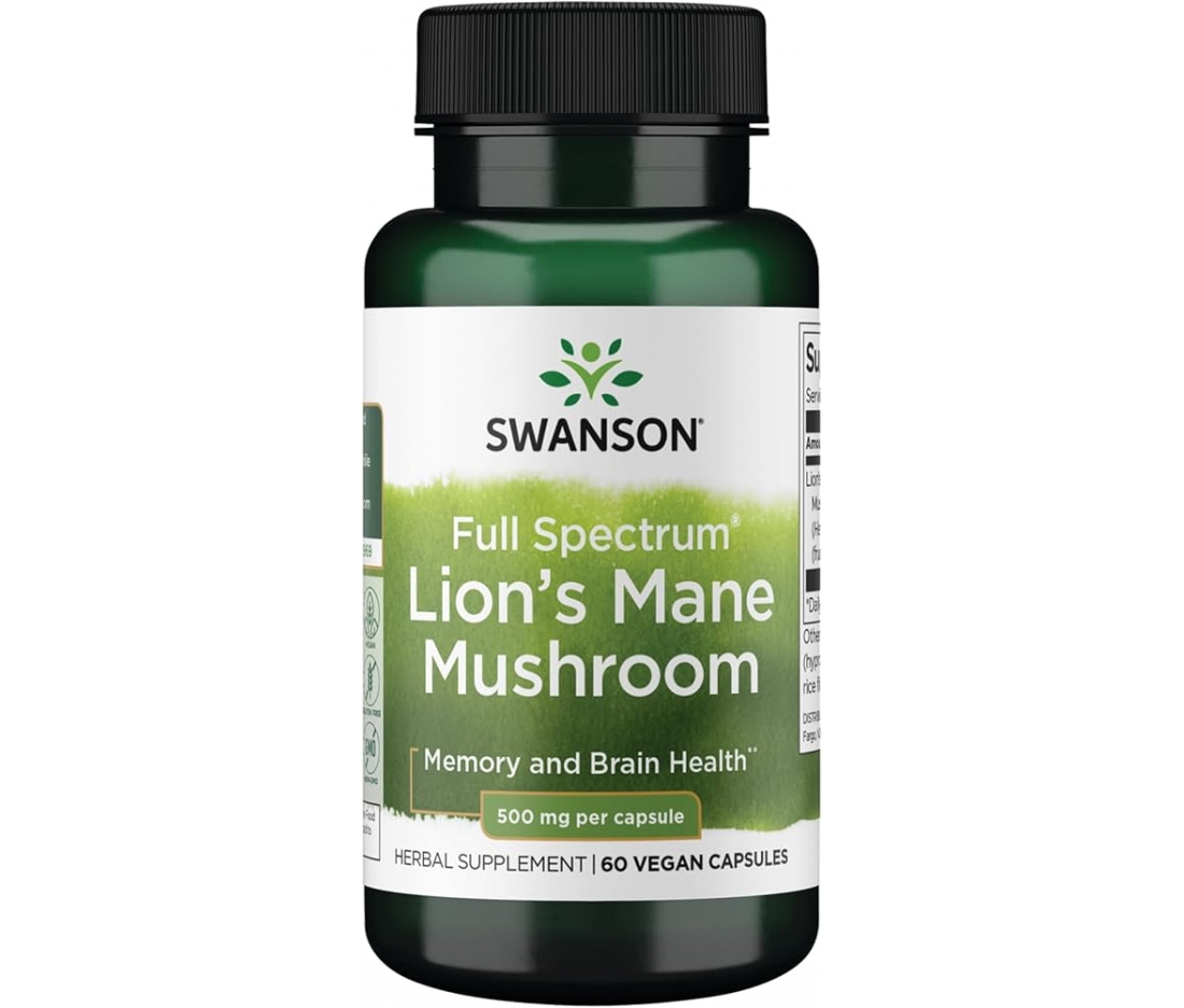 Гриб Їжовик гребінчастий для когнітивного здоров'я Swanson Full Spectrum Lion's Mane Mushroom 500 mg 60 капсул Гриб Їжовик гребінчастий для когнітивного здоров'я Swanson Full Spectrum Lion's Mane Mushroom 500 mg 60 капсул